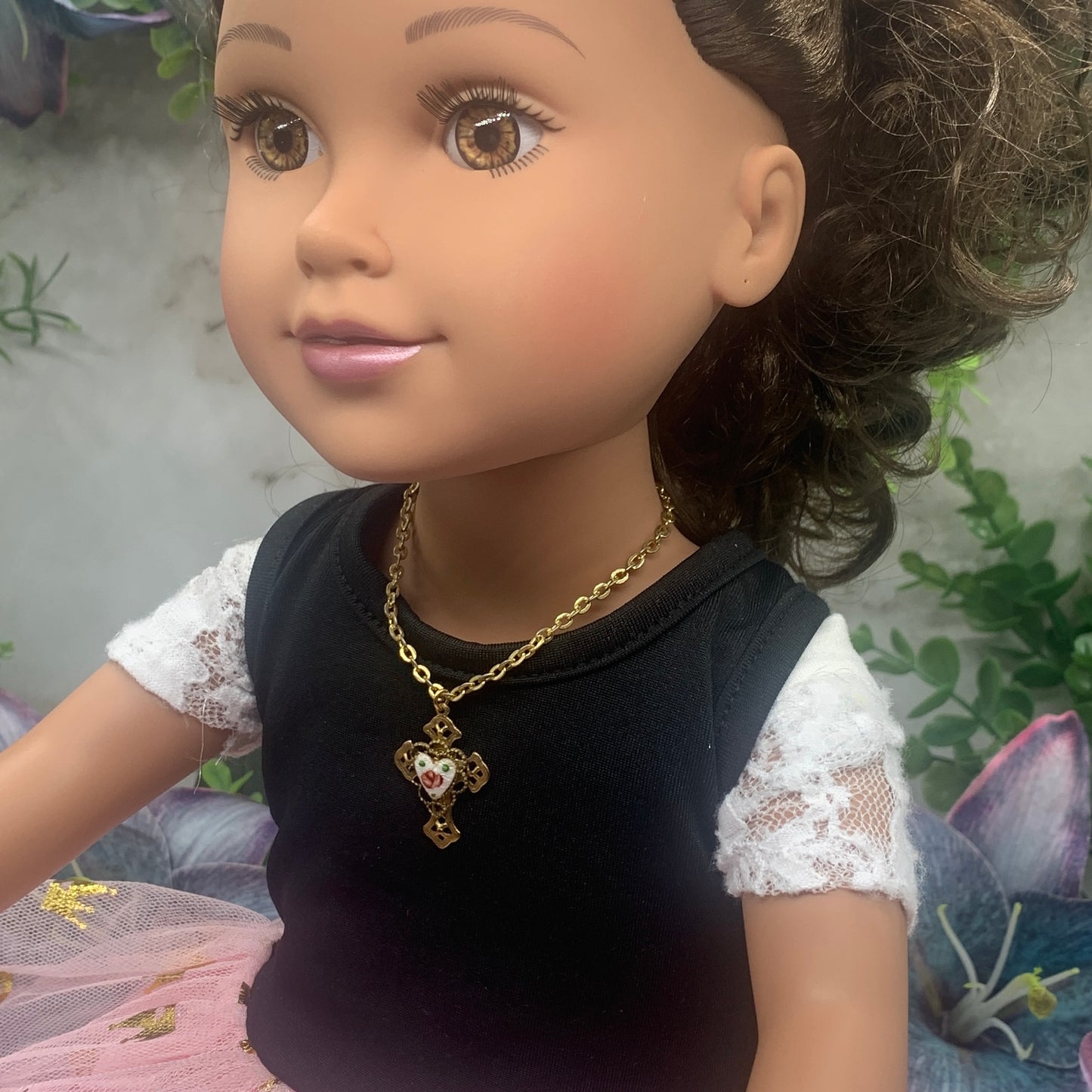White Enamel Pink Rose Heart Design Gold Filigree Cross Pendant Doll Necklace • 18” Doll Jewelry