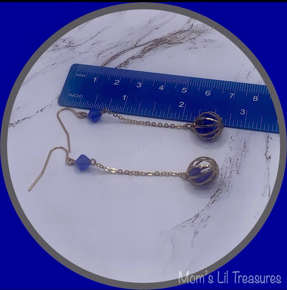 Blue Crystal and Gold Tone Chain Cage Bead Dangle Earrings - Handmade