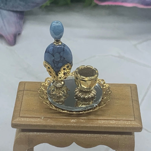 Blue Perfume Bottle and Mirrored Gold Vanity Tray Set • Dollhouse Miniatures