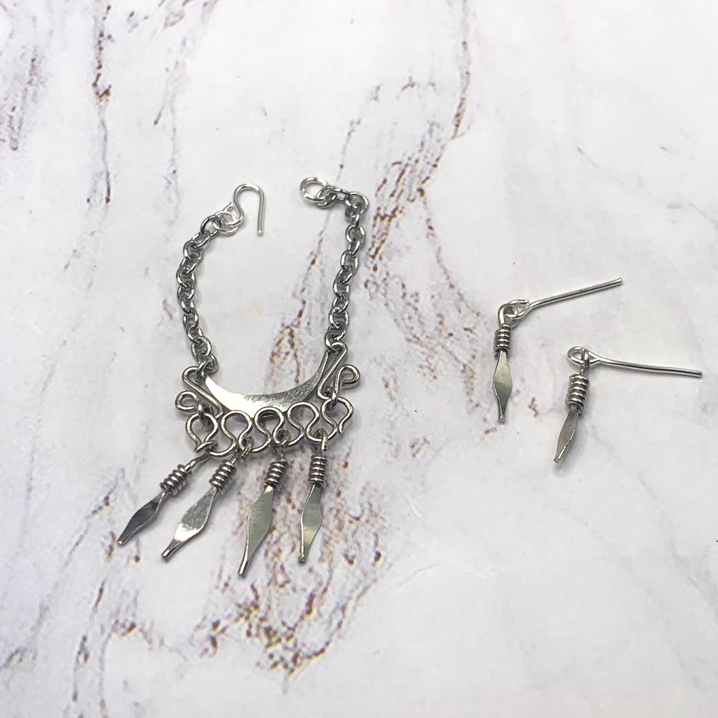 Silver Dangle Statement Doll Necklace Matching Earring Set • 16” Doll Jewelry