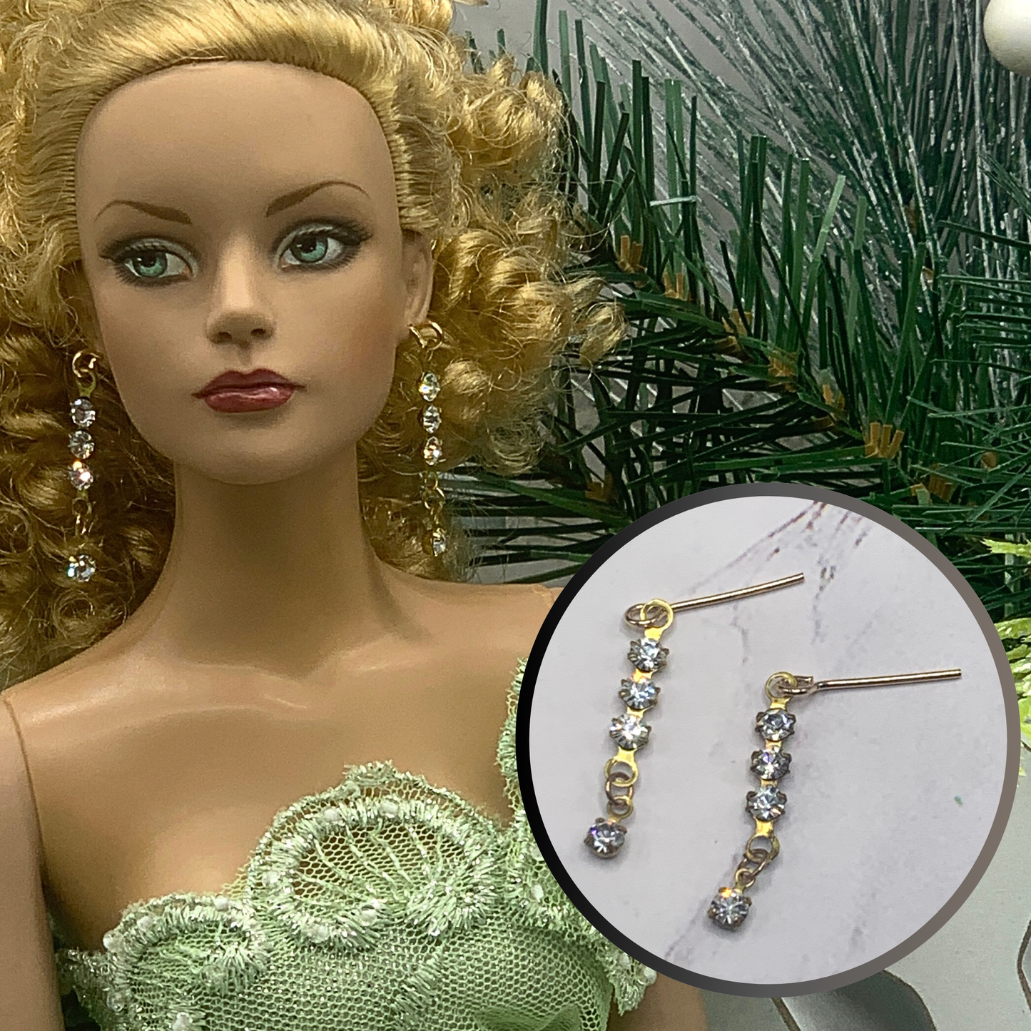 Clear Rhinestone Gold Dangle Doll Earrings • 16 Inch Fashion Doll Jewelry