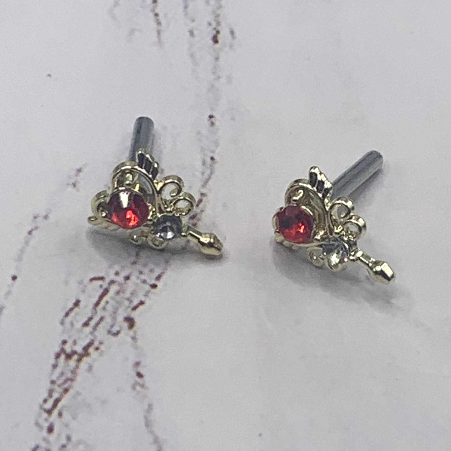 Red Rhinestone Gold Heart Post Doll Earrings 2mm Post • fits 18” American Girl