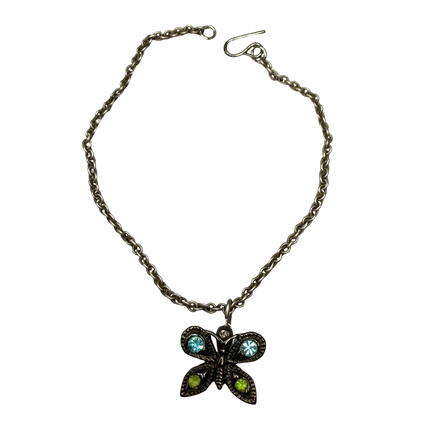 Butterfly Green Blue Rhinestone Pendant Gun Metal Silver Doll Necklace • 14 Inch Fashion Doll Jewelry