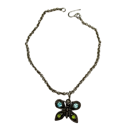 Butterfly Green Blue Rhinestone Pendant Gun Metal Silver Doll Necklace • 14 Inch Fashion Doll Jewelry