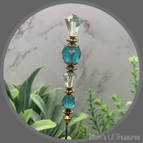 Turquoise Blue & Clear Crystal - Gold Tone Findings- 6” Pin • Hatpin - Stick Pin