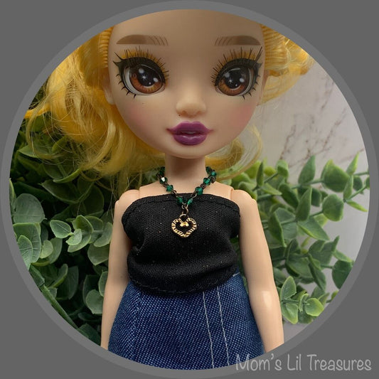 Green Bead Gold Heart Pendant Doll Necklace - RH • 10-12” Fashion Doll Jewelry