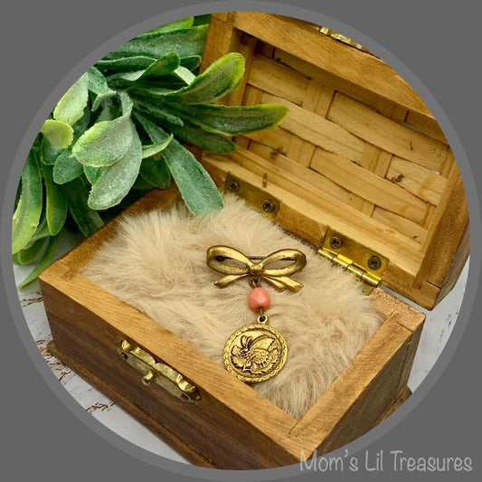 Gold Tone Bow Pin Pink Bead Gold Butterfly Flower Design Dangle • Doll Brooch