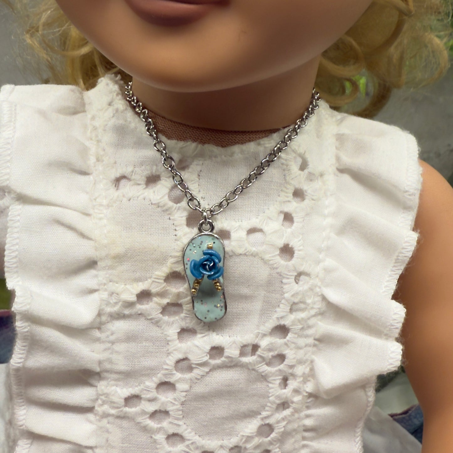 Blue Flip Flip Sandal Rose Accent Charm Silver Doll Necklace• 18 Inch Fashion Doll Jewelry