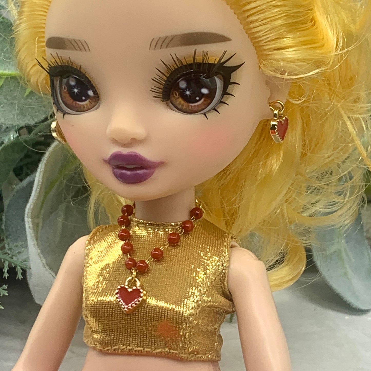 Red Heart Beaded Gold Chain Doll Necklace Earring Set 10-12” Doll Rainbow High