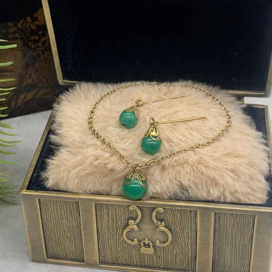 Green Glass Drop Pendant Doll Necklace Earrings Set for 18 Inch Doll Jewelry Accessory