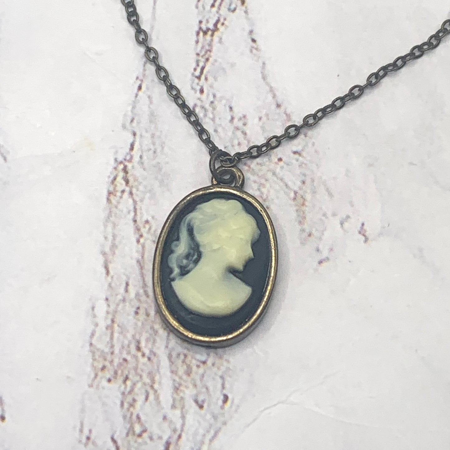 Black White Cameo Pendant Bronze Tone Chain Doll Necklace • 18” Doll Jewelry