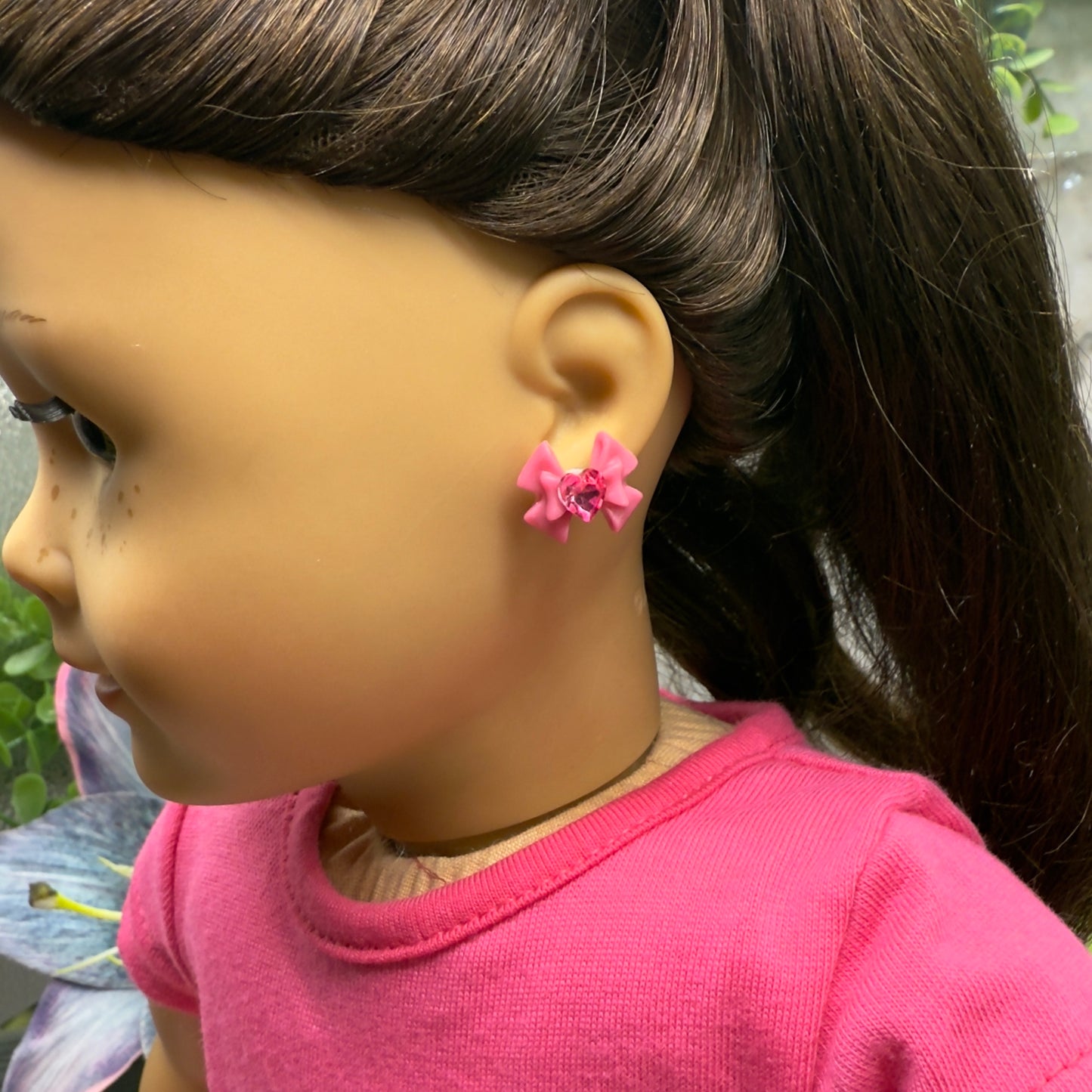 Pink Bow Heart Rhinestone 2mm Post Doll Earrings • fits 18 Inch Fashion Dolls