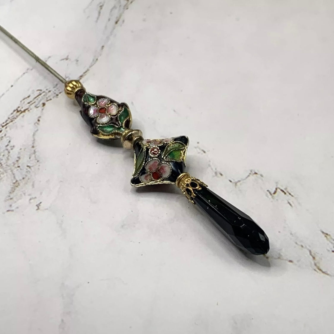 Black Teardrop Crystal Cloisonné Flower Floral Design Gold Filigree • 7” Hatpin