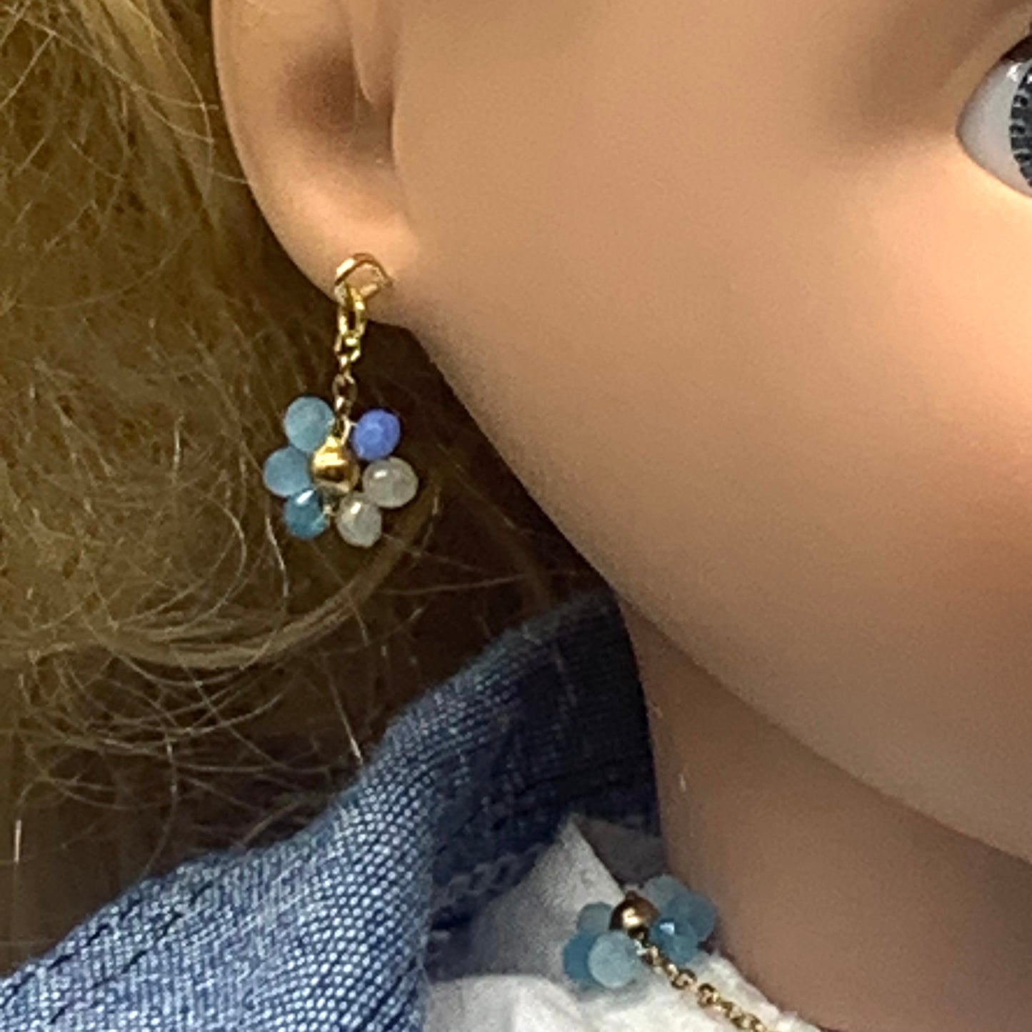 Blue Glass Flower Design Gold Chain Necklace Earrings Set • 18” Doll Jewelry