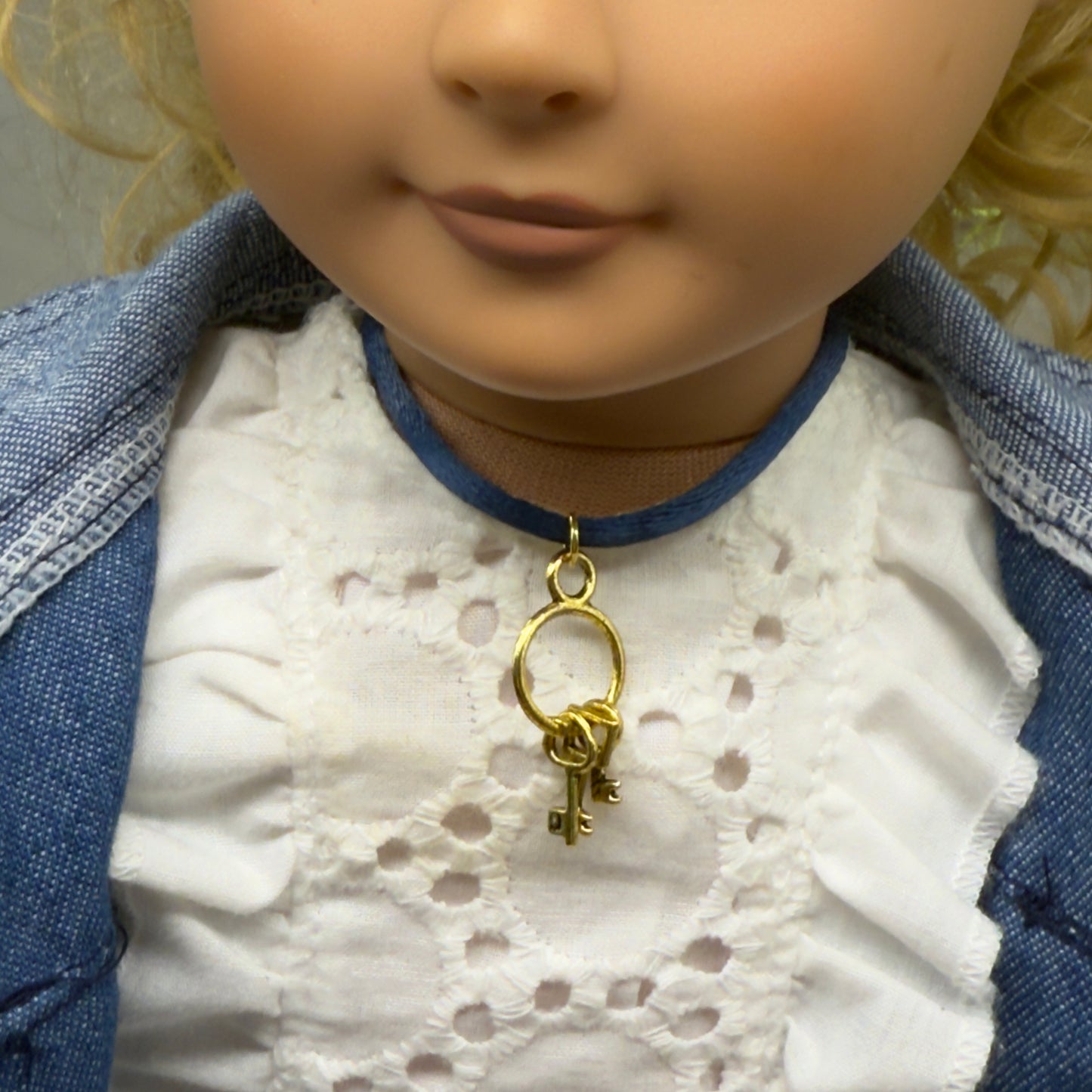 Blue Cord Gold Keys Pendant Doll Necklace • 18 Inch Fashion Doll Jewelry