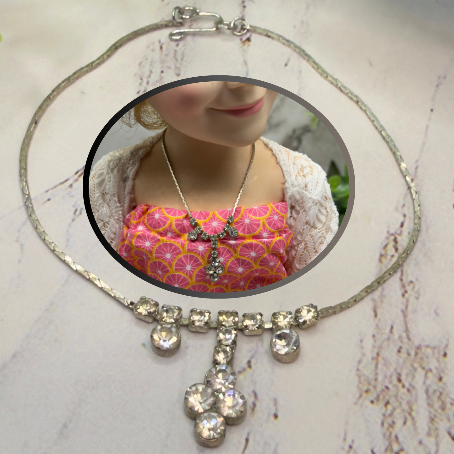 Clear Rhinestone Drop Dangle Silver Serpentine Doll Necklace • 18-22” Vintage Doll Jewelry