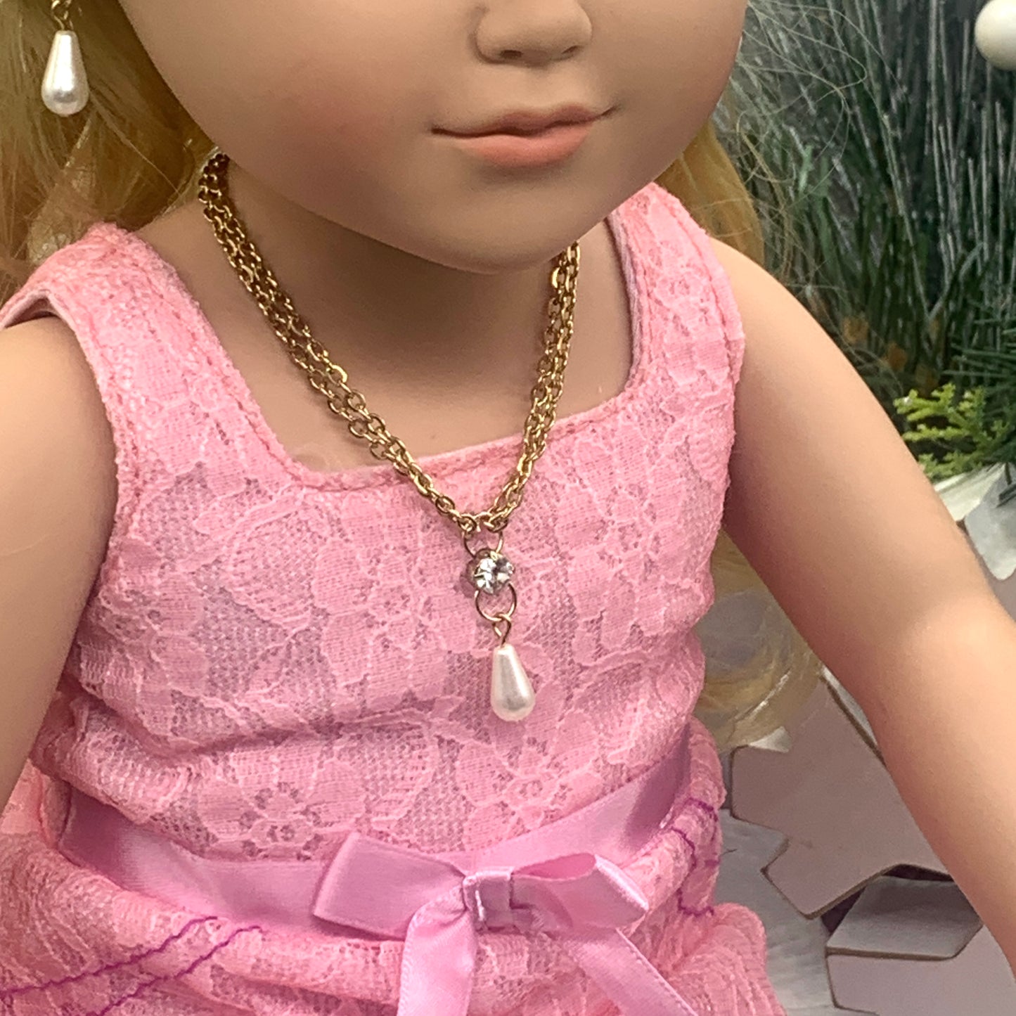 Clear Rhinestone Teardrop Pearl Gold Doll Necklace Earring Set 18” Doll Jewelry