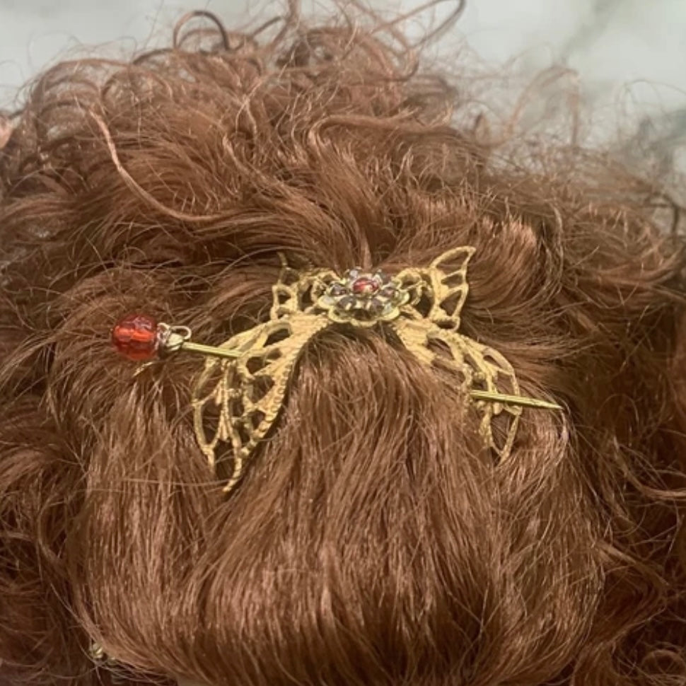 Butterfly Filigree Hair Clip Barrette Chain Dangle Red Crystal Hair Pin