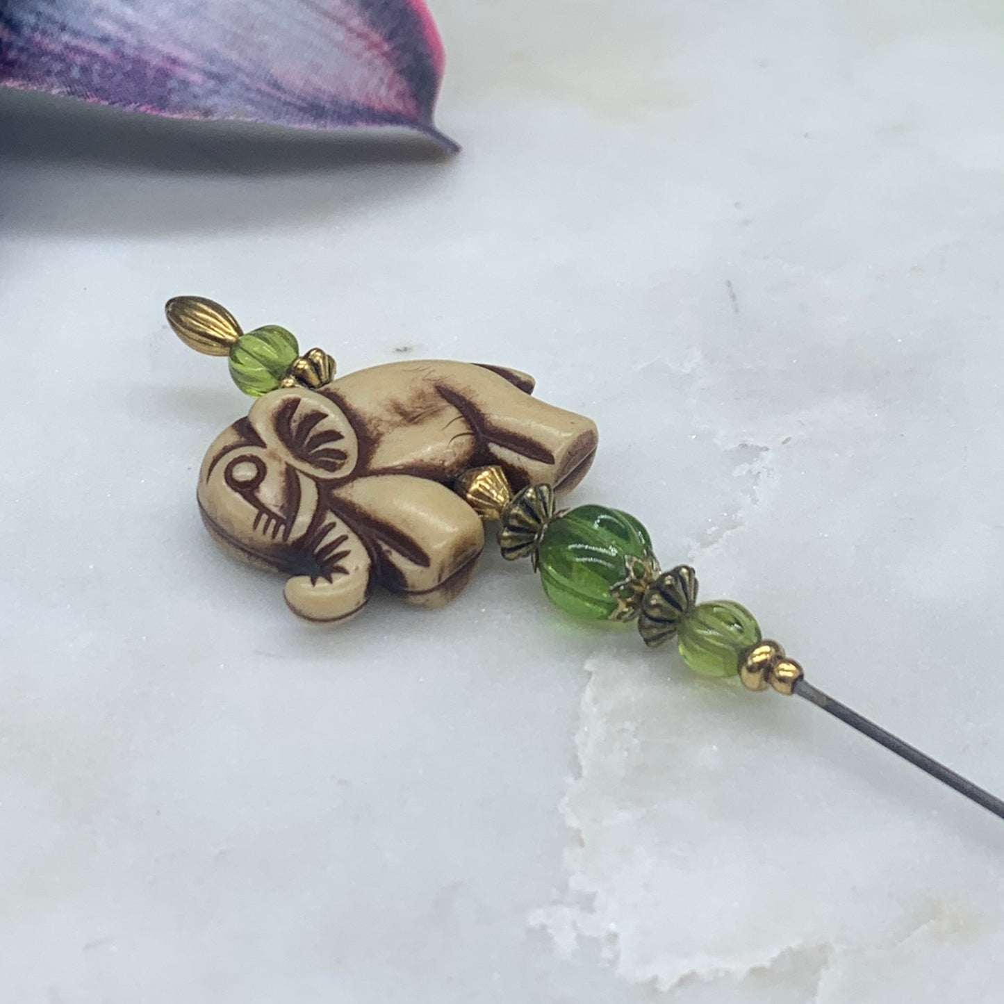 Green Glass Crystal & Elephant Hatpin - Stick Pin • 8” Pin