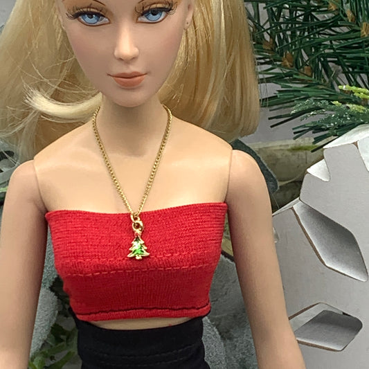 Christmas Tree Charm Gold Chain Doll Necklace • 16 inch Fashion Doll Jewelry