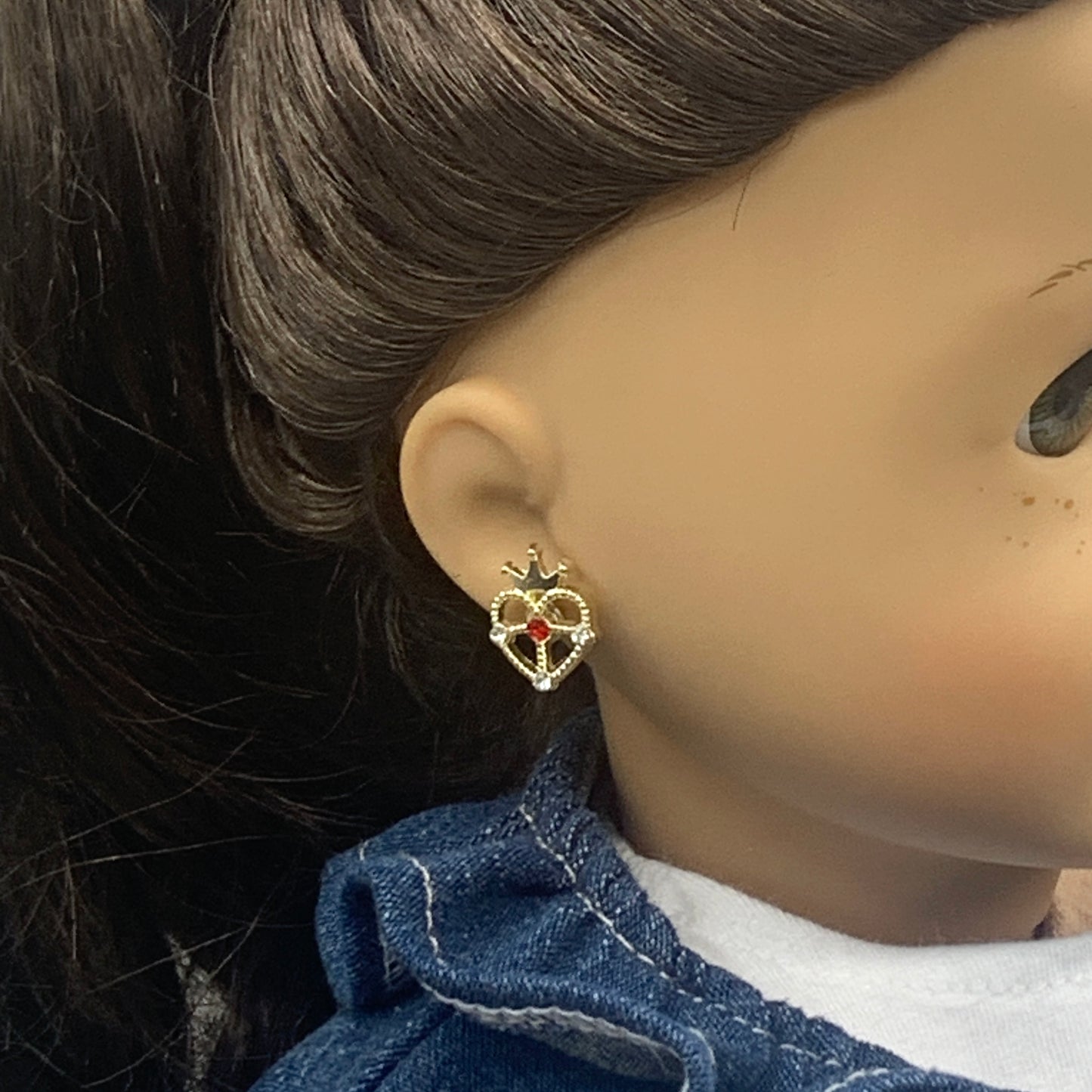 Crown Heart Red Rhinestone Post Doll Earrings 2mm Post • fits 18” American Girl