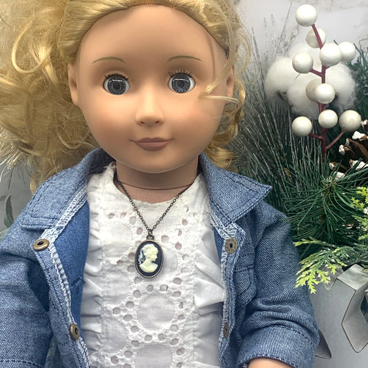 Black White Cameo Pendant Bronze Tone Chain Doll Necklace • 18” Doll Jewelry