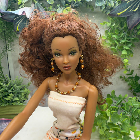 Brown Glass Beaded Necklace Earring Bracelet Set • 16 Inch Fashion Doll Jewelry