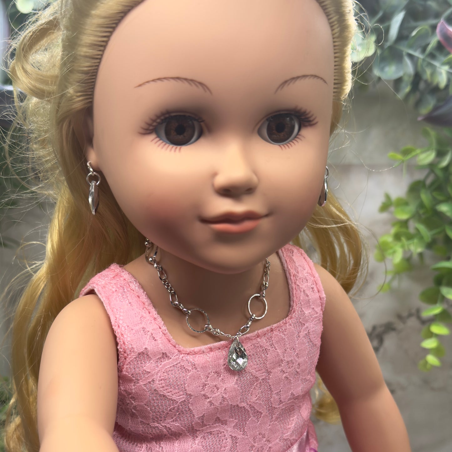 Clear Rhinestone Teardrop Doll Necklace Earring Bracelet Set 18” Doll Jewelry