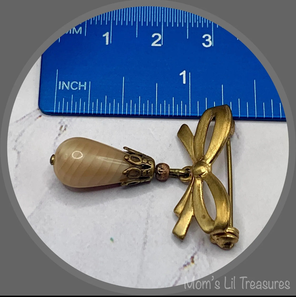 Tan Beige Glass Teardrop Pendant with Gold Tone Bow Pin • Doll Brooch