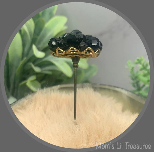 Hatpin - Stick Pin • Black Faceted Crystal Bead Cluster Gold Filigree Base - 3”