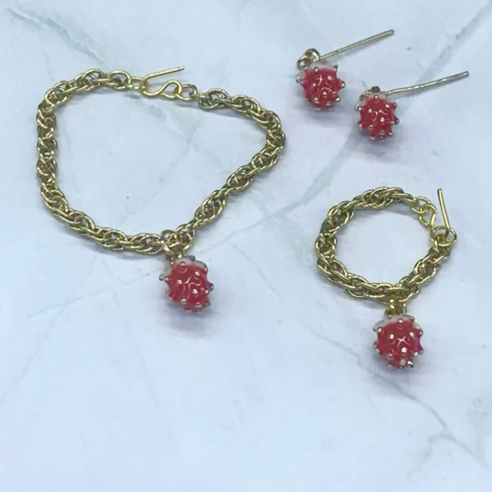 Strawberry Charm Gold Chain Doll Necklace Earring Bracelet Set 14” Wellie Wisher