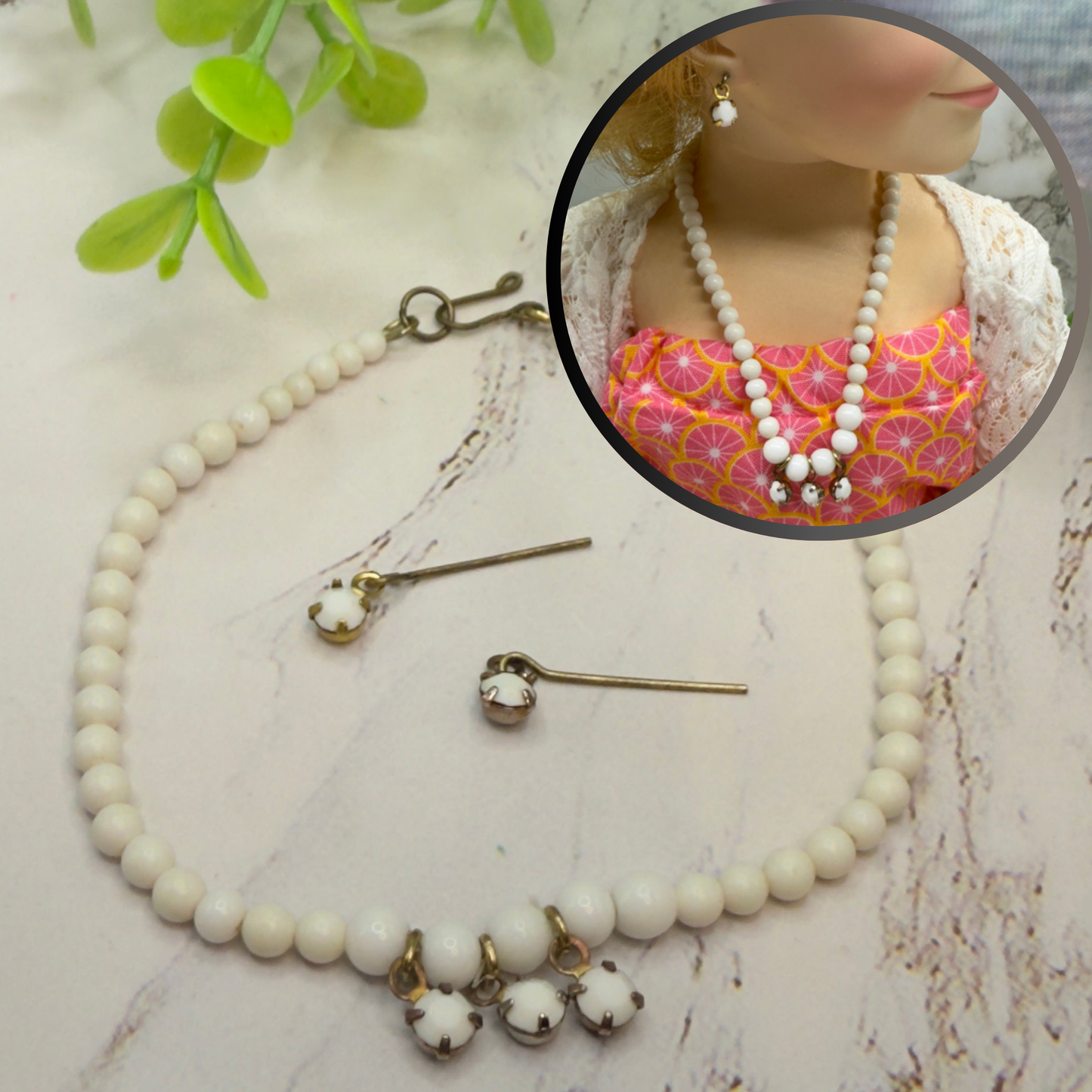 White Rhinestone & Glass Beaded Doll Necklace & Earrings Set • 18 Inch Fashion Doll Jewelry