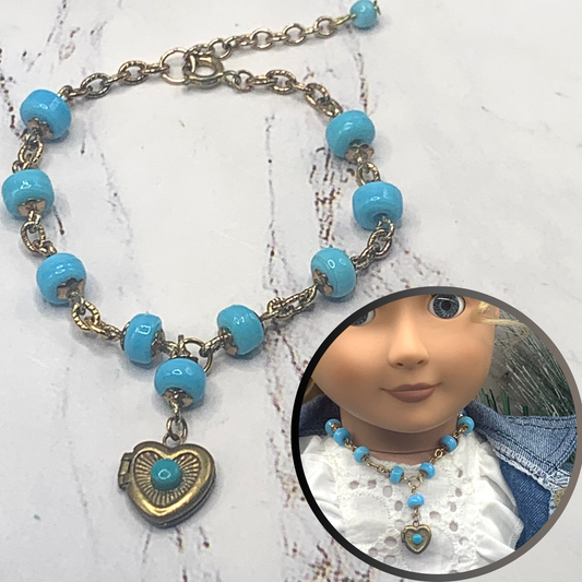Blue Glass Beaded Heart Locket Gold Tone Chain Doll Necklace • 18” Doll Jewelry