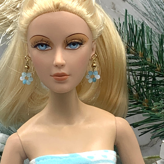 Turquoise Blue Glass Flower Dangle Doll Earrings • 16 Inch Fashion Doll Jewelry