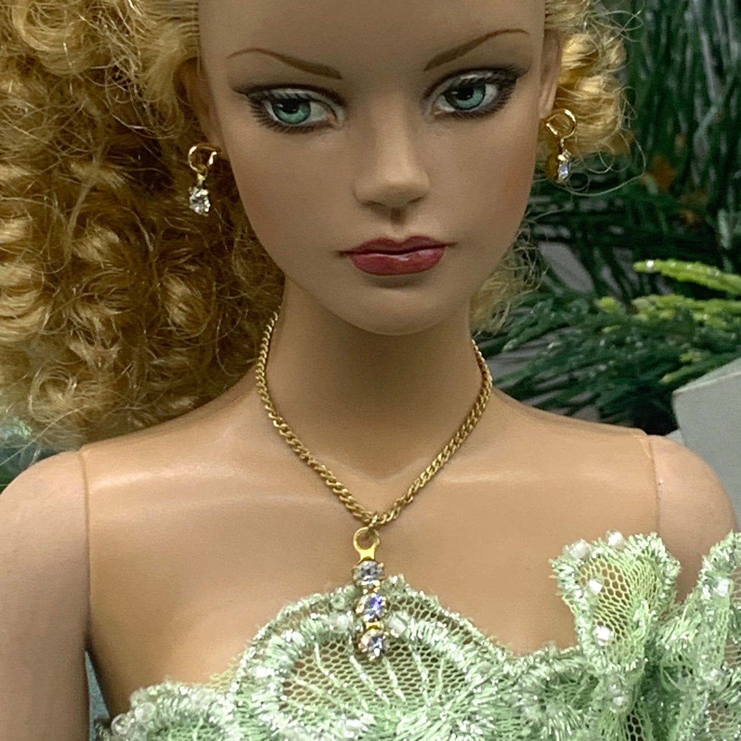 Clear Rhinestone Gold Chain Dangle Doll Necklace Earring Set • 16” Doll Jewelry