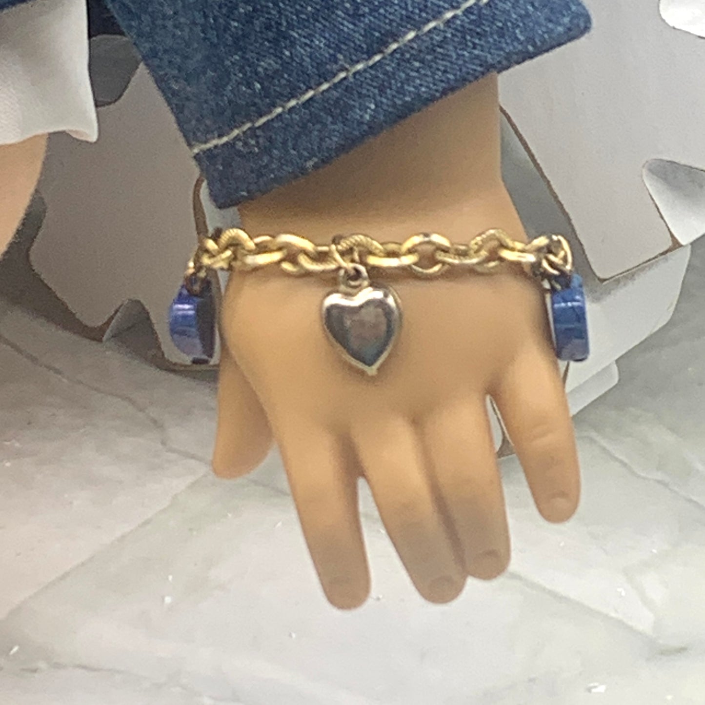 Blue Glass Gold Heart Charm Doll Bracelet • 18 Inch Fashion Doll Jewelry