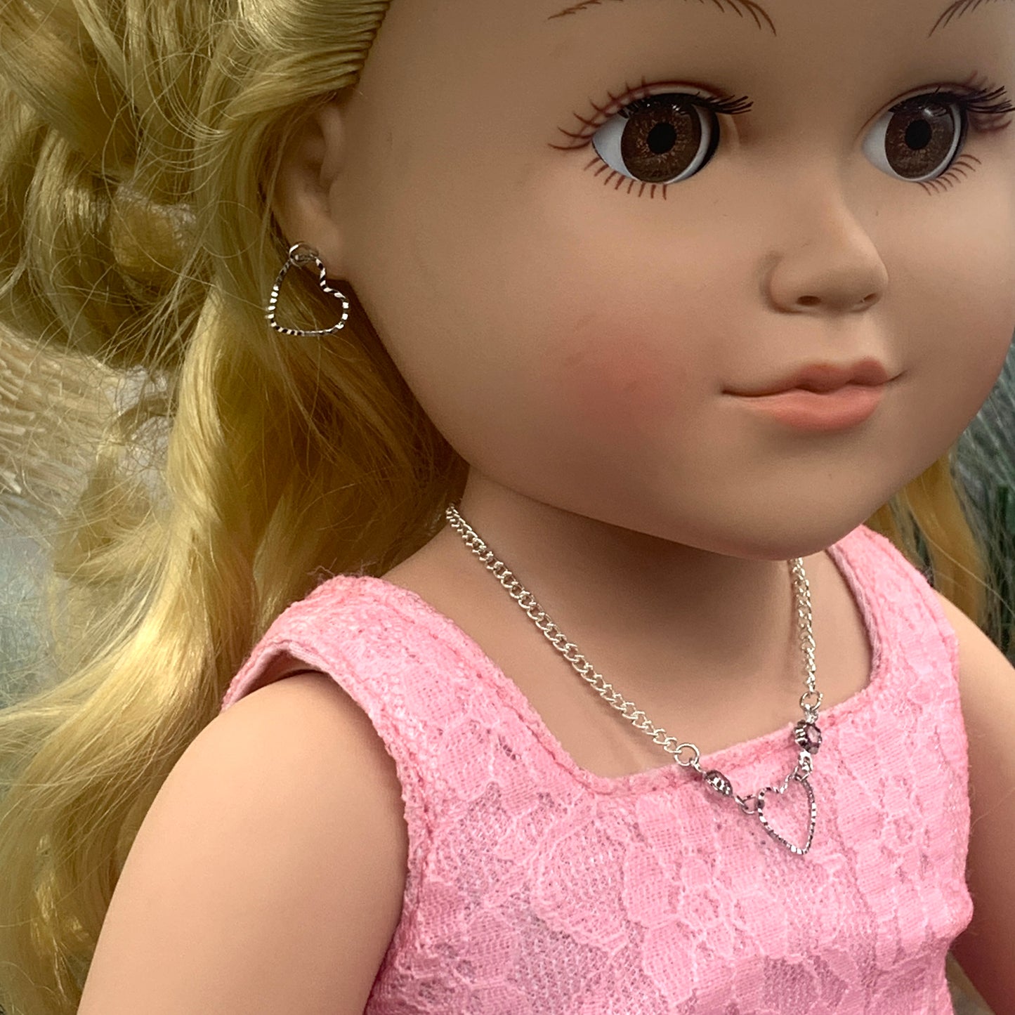 Silver Heart Chain Purple Crystal Necklace Earring Set • 18 Inch Fashion Doll
