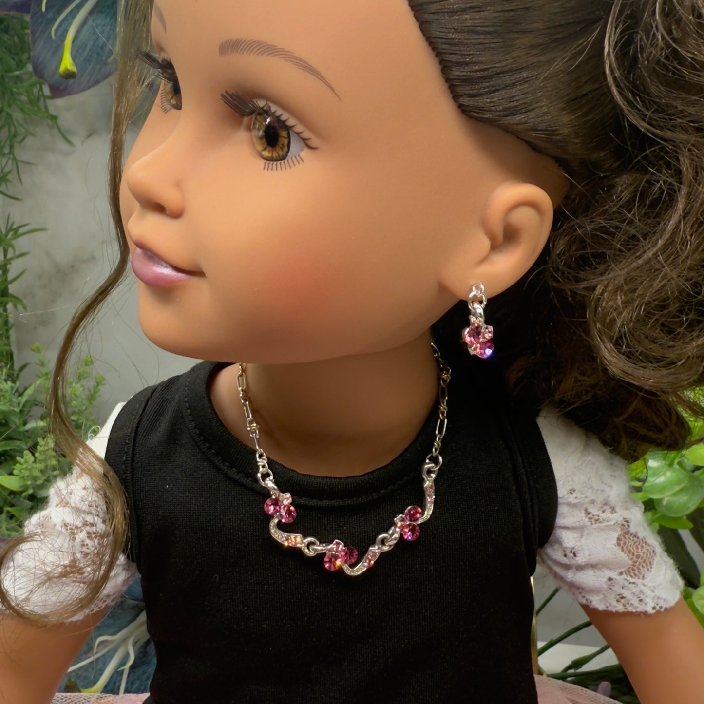 Light Dark Pink Rhinestone Silver Curved Link Doll Necklace & Earrings Set • 18 Inch Fashion Doll Jewelry