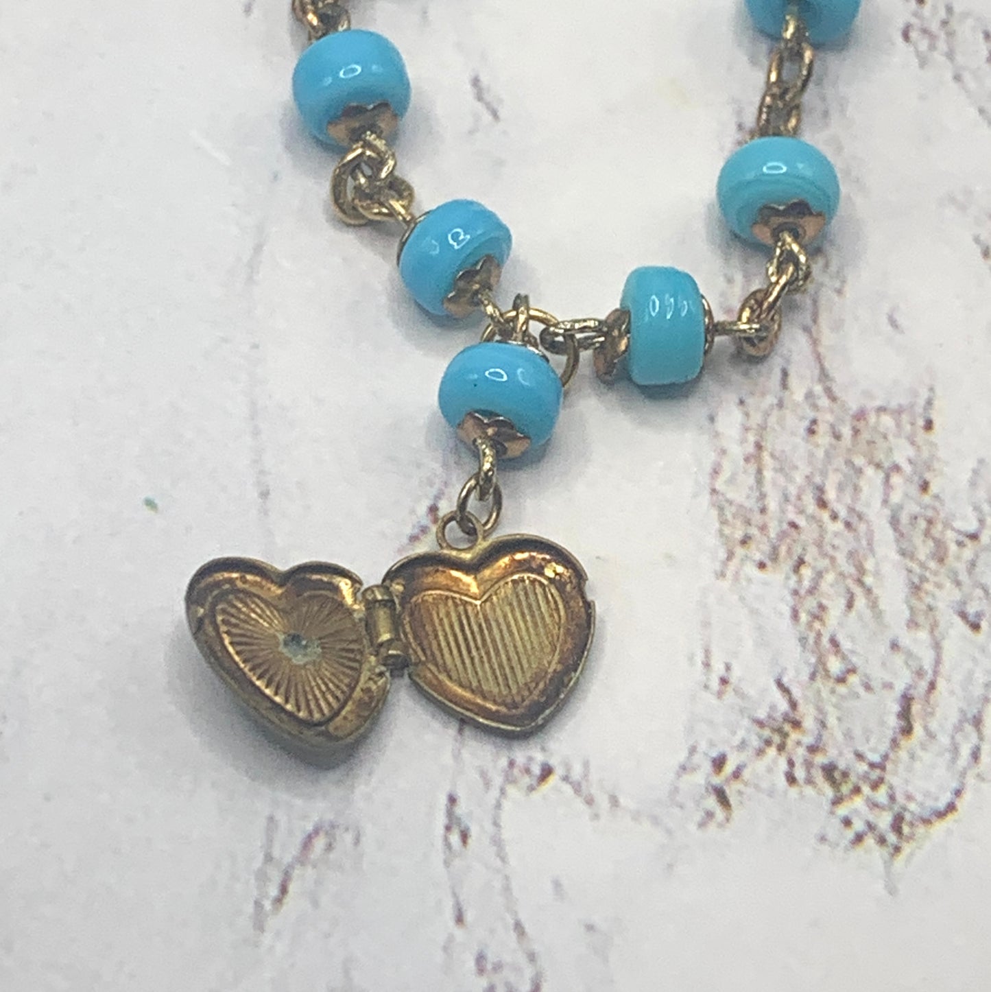Blue Glass Beaded Heart Locket Gold Tone Chain Doll Necklace • 18” Doll Jewelry