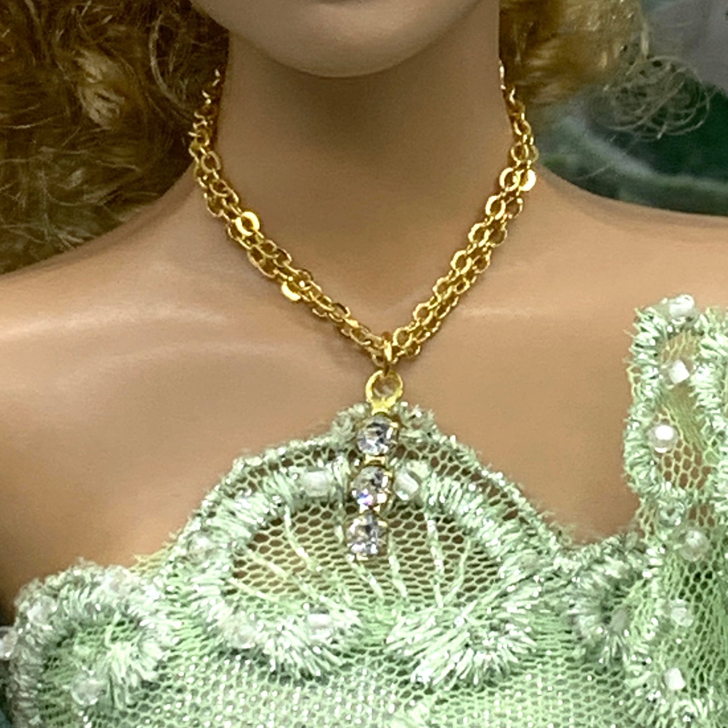 Clear Rhinestone Gold Double Chain Doll Necklace Earring Set • 16” Doll Jewelry