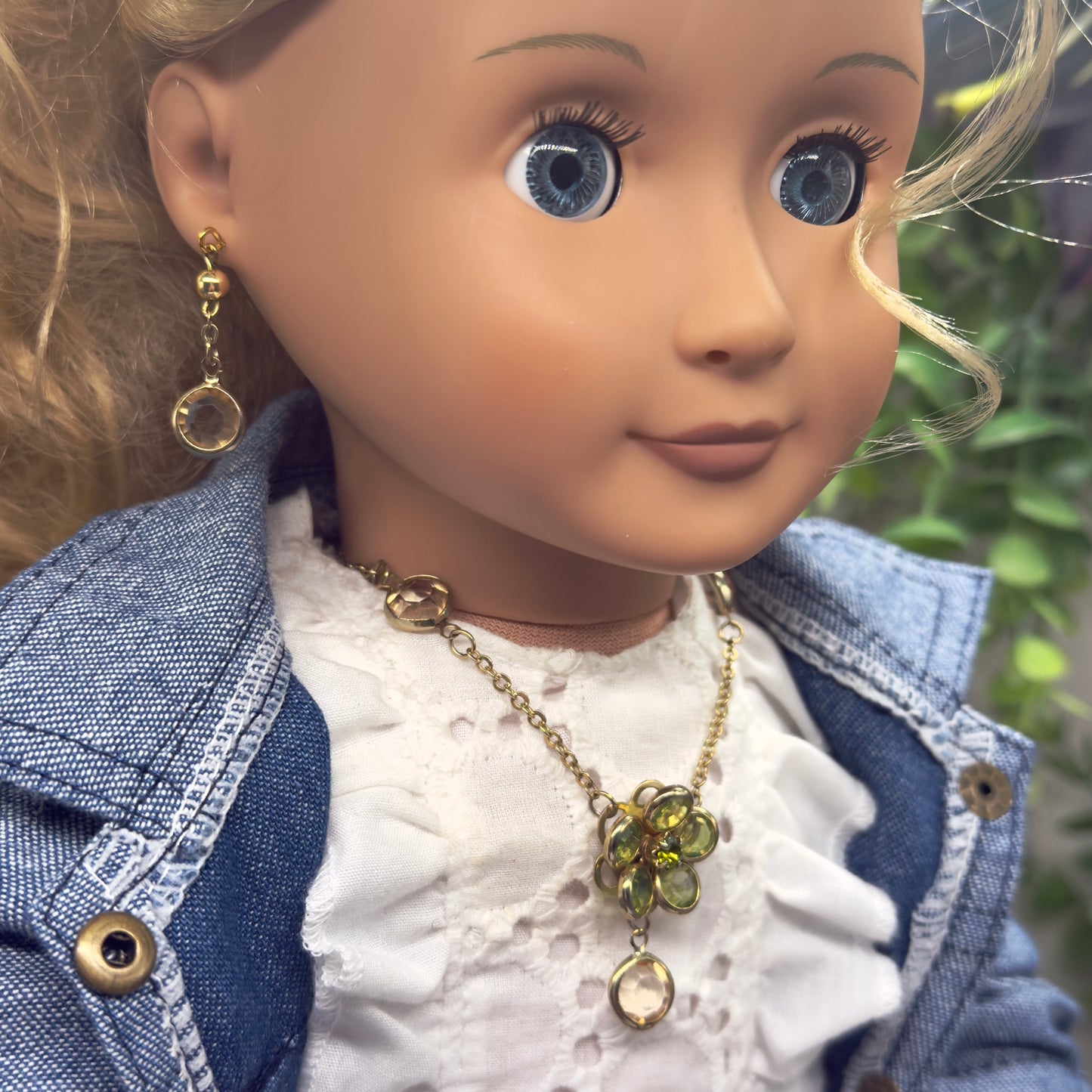 Green Yellow Crystal Flower Doll Necklace Earring Set • 18 Inch Doll Jewelry