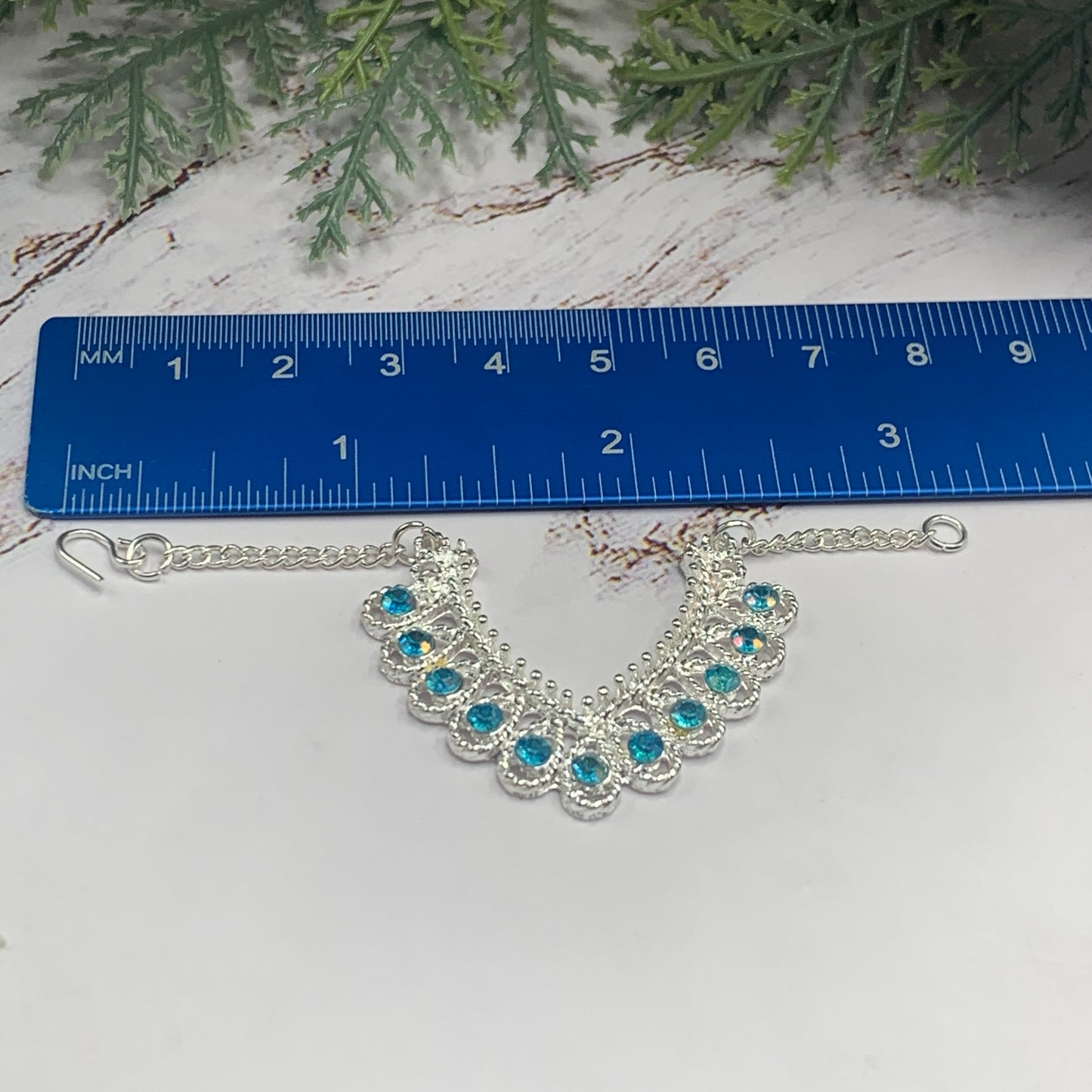 Turquoise Rhinestone Silver Collar Doll Necklace Earring Set • 16” Doll Jewelry
