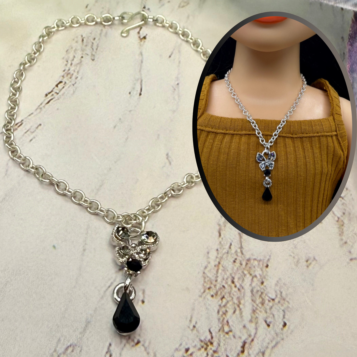 Clear Rhinestone Butterfly Black Teardrop Pendant Silver Chain Doll Necklace • 18 Inch Fashion Doll Jewelry
