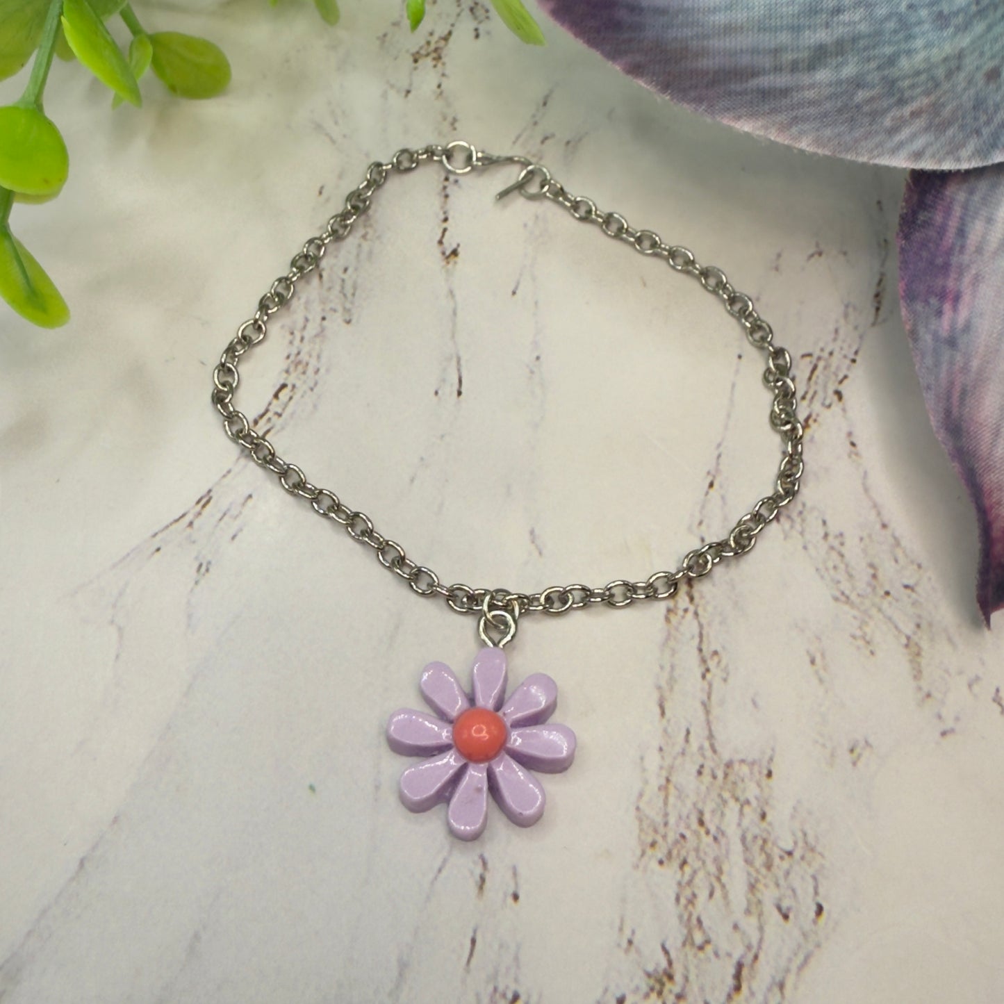 Purple Flower Daisy Charm Silver Chain Doll Necklace• 18 Inch Fashion Doll Jewelry