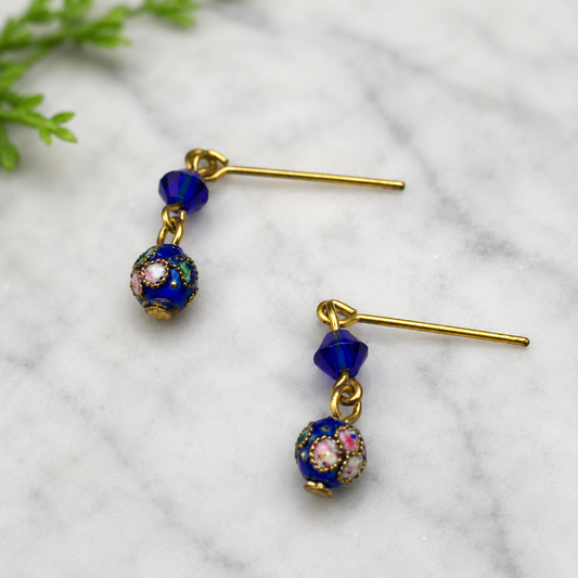 Dark Blue Cloisonné Flower Design Doll Earrings • 16 Inch Fashion Doll Jewelry