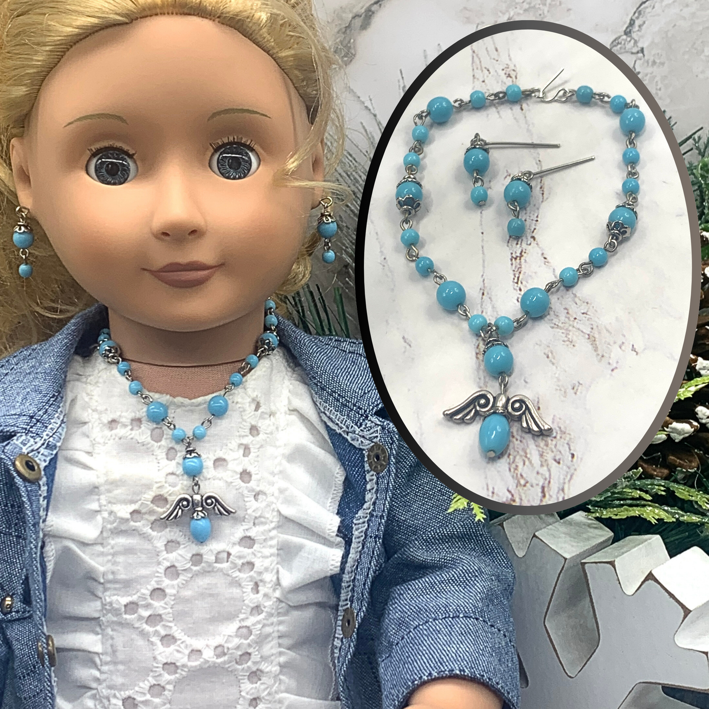 Blue Glass Bead Silver Angel Wings Pendant Necklace Earring Set 18” Doll Jewelry