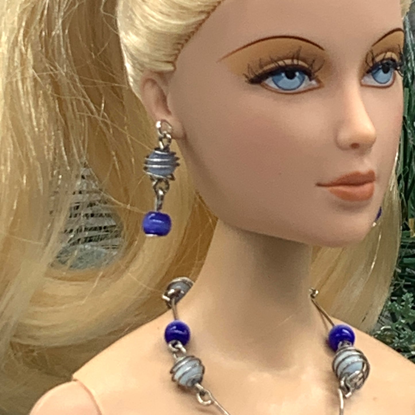 Shades Of Blue Glass Silver Link Doll Necklace Earring Set • 16” Doll Jewelry