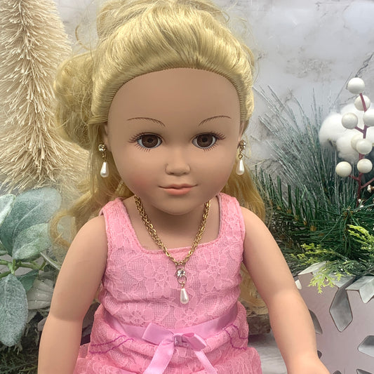 Clear Rhinestone Teardrop Pearl Gold Doll Necklace Earring Set  18” Doll Jewelry