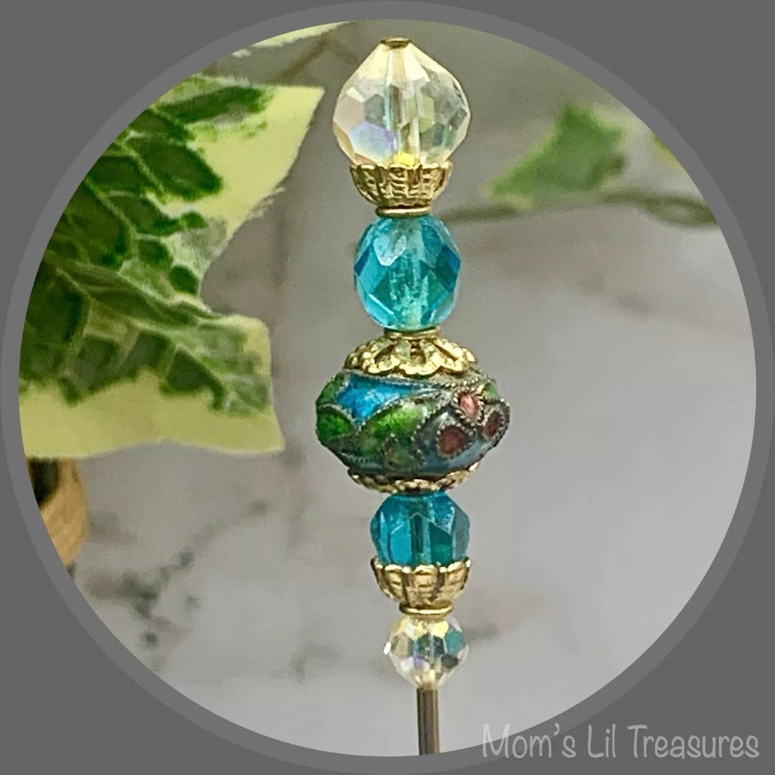 Turquoise Blue Clear Crystals Cloisonné Flower Design - 8” • Hatpin - Stick Pin