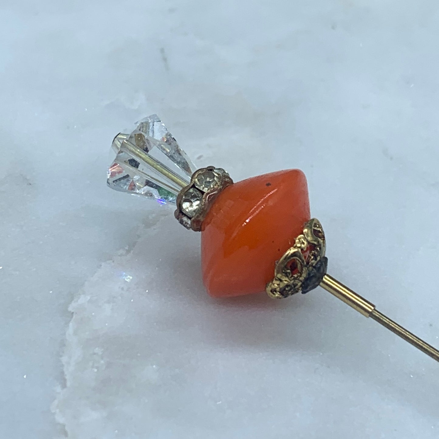 Orange Color Glass & Clear Glass Faceted Crystal • 6” Hatpin - Stick Pin